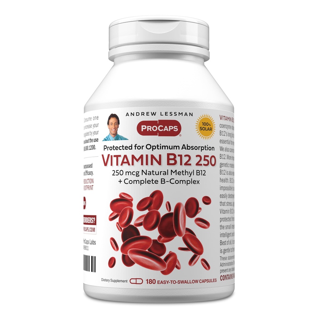 ANDREW LESSMAN Vitamine B12 250 180 Capsules - Absorptie-beschermd Methylcobalamine (Natural Coenzyme Vitamin B12), essentieel voor energie- en stressondersteuning, Plus B-complex, gemakkelijk doorslikken Capsules