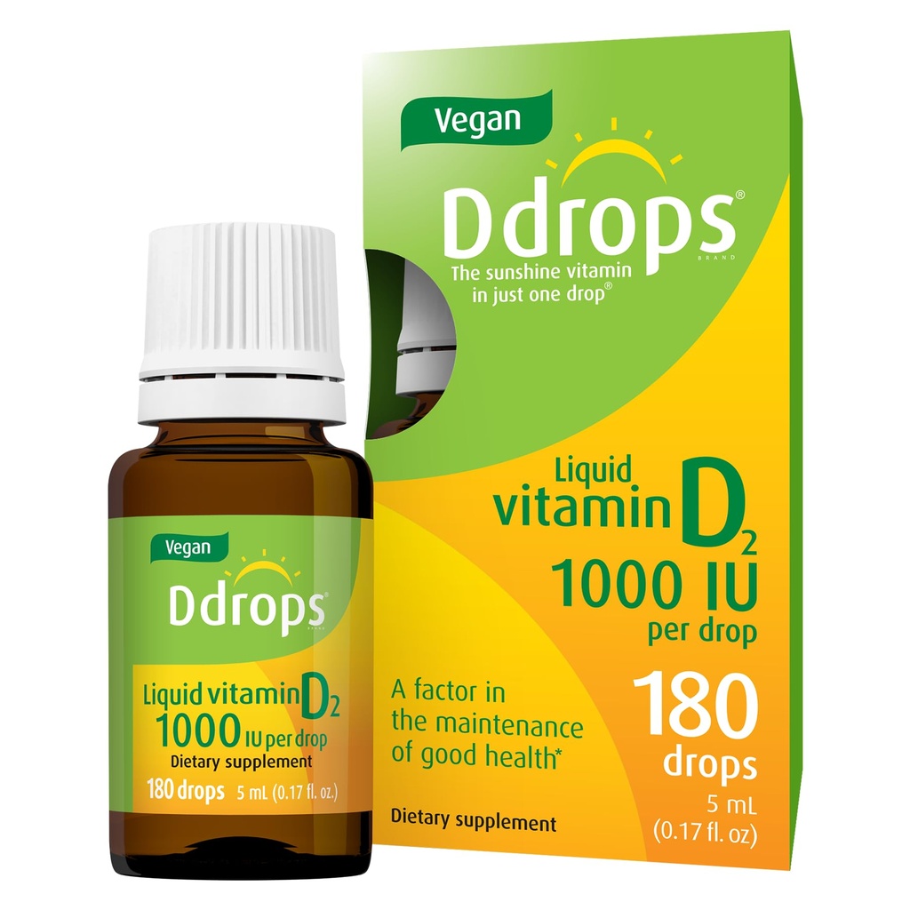 Ddrops Vegan 1000 IE 180 druppels - Dagelijks vitamine D vloeistof - Ondersteunt Bone Health & Immune System. Geen grote capsules, geen conserveringsmiddelen, niet-GMO, Allergie-vriendelijk