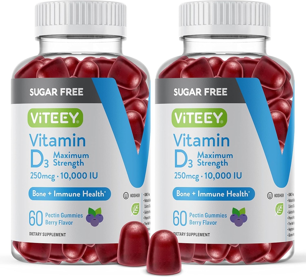 Viteey Vitamine D3 Gummies for Adults & Teens -10.000 IE, 250 mcg, maximale sterkte - Suikervrij, bot, gewrichts- en spiergezondheid, Immune Boost - Vegetarisch, Gelatinevrij - Smakelijk Kauwbaar Berry Flavored
