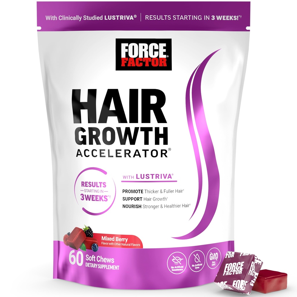 Facteur de force Accélérateur de croissance des cheveux Soft Chews, Vitamines de croissance des cheveux pour les femmes et les hommes avec Lustriva cliniquement étudié et la biotine, favorise les cheveux épais, plus pleins, plus forts, Berry mélangé, 60 Chews doux