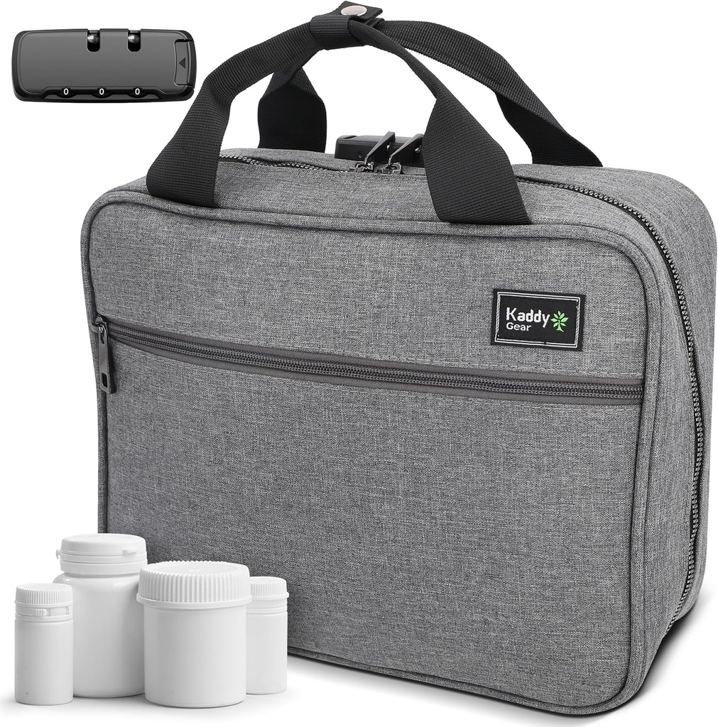 Kaddy Large Medicine Bag, Secure, Padded, Pill Organizer Box, Case voor flessen van medicijnen of supplementen; Opslag; Toilet; 3 Digit Lock, Grey