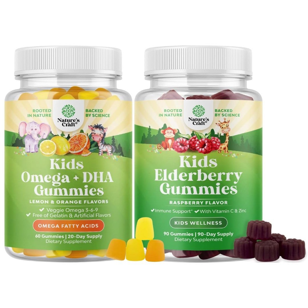 Bundle of Kids DHA Omega 3 Gummies - Fatty Acids Omega 3 6 9 for Brain Immune Strength & Vision - Nutritional DHA and Sambucus Elderberry Gummies for Kids Health - Zink & Vitamine C for Immune Support