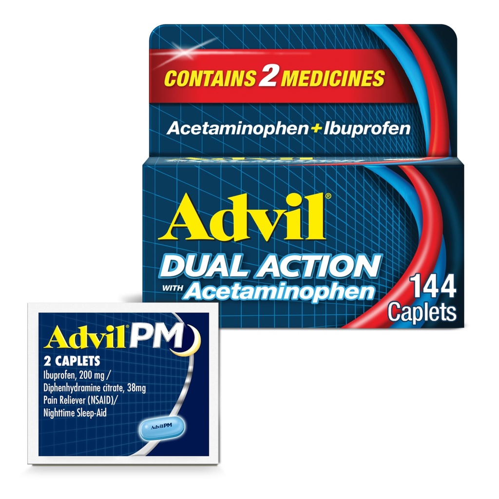 Advil double action avec l'acétaminophène et l'Ibuprofène (2 équivalents de dose) pour 8 heures de soulagement de la douleur, enduit 144 Ct Caplets et 2 Ct.