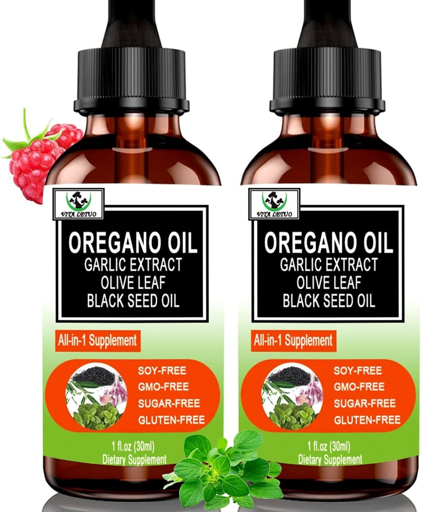 (2 Pack) Biologische olie van Oregano met Zwarte Zaadolie voor Immune, Digestieve Ondersteuning & Antioxidant, w/Garlic Vlierbessen Seizoen Support 6X Absorptie Liquid Oregano Drops