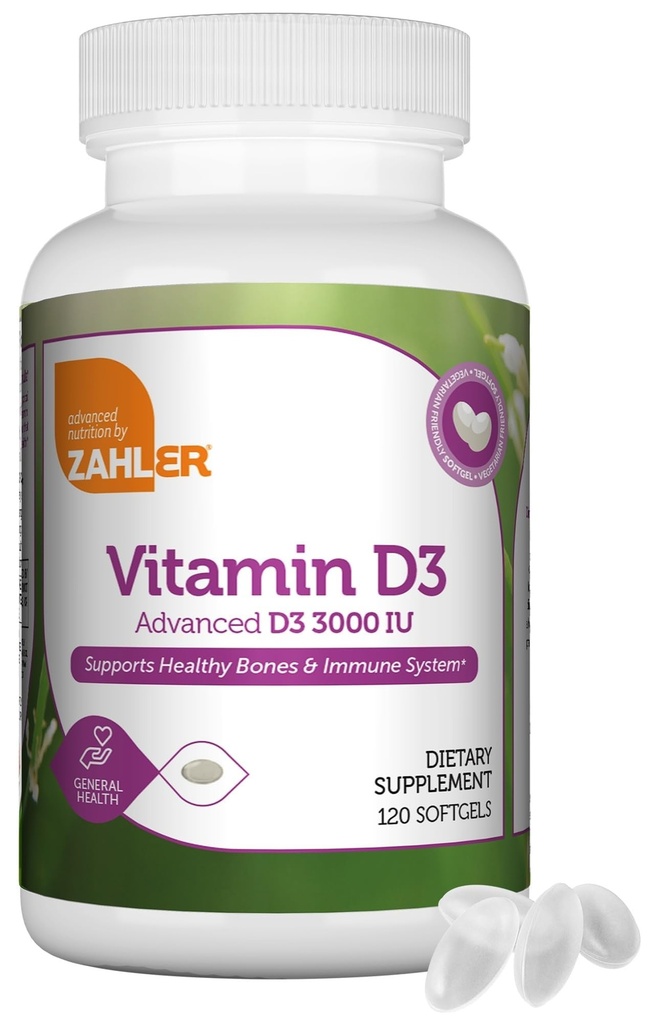 Zahler - Advanced Vitamin D3 3000 IE Softgels (120 graaf) Kosher Vegetarian Friendly Vitamin D for Immune Support, Bone, Teeth & Muscle Health - Daily D3 Vitamin Supplement for Adults - Easy Swallow.