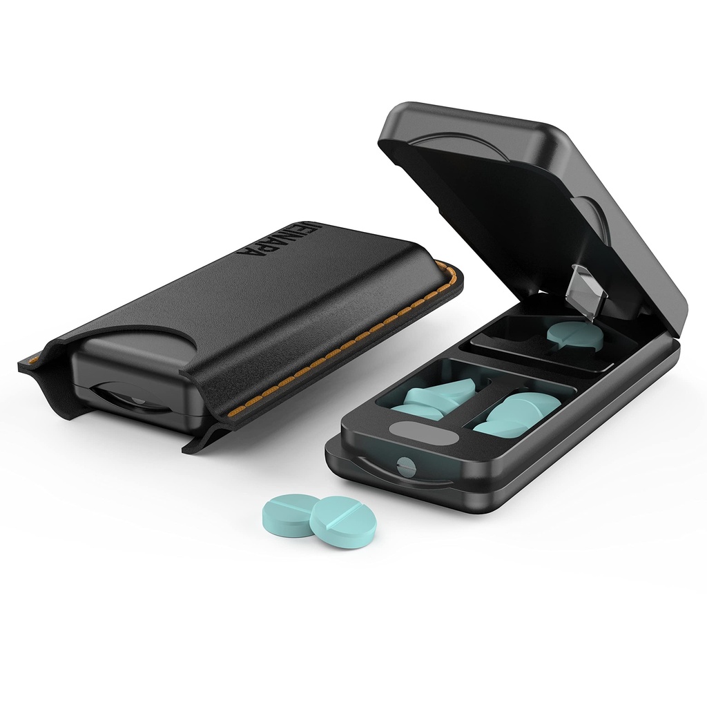 Cutter à pilules avec dispositif de centrage automatique, Splitter à pilules en aluminium avec lame inoxydable 316L, boîtier en cuir véritable, Splitter à pilules professionnelles pour couper de petites pilules ou de grandes pilules (noir)