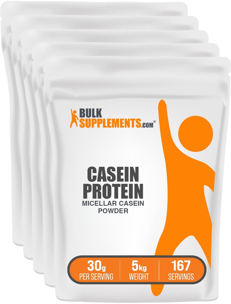 BulkSupplements.com Poudre de protéines de caséine - poudre de caséine micellaire, protéine à digestion lente - sans aromatisants et sans gluten, 30g par portion, 1kg (2,2 lbs) (paquet de 5)