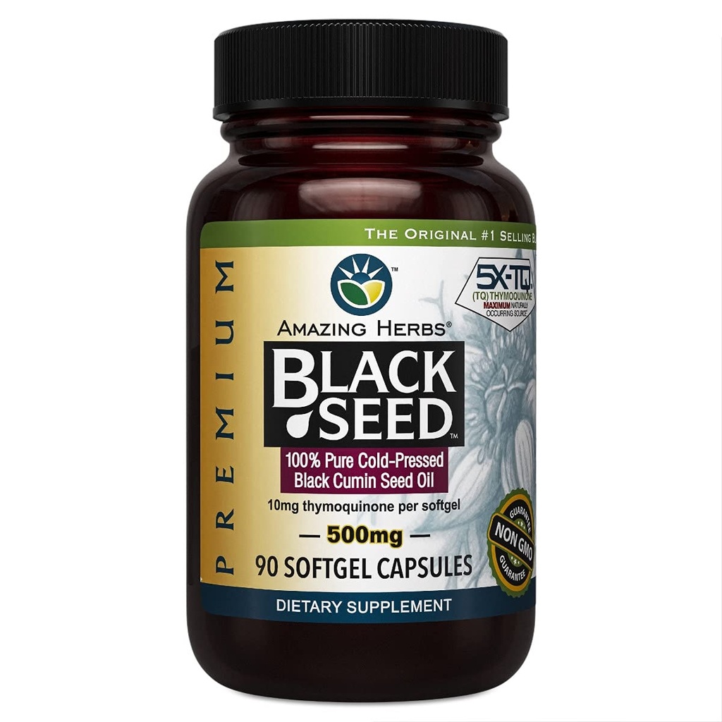 Amazing Herbs Premium Black Seed Oil Capsules - Gluten Free, Non GMO, Cold Pressed Nigella Sativa Aids in Digestive Health, Immune Support- 90 Count, (Pack of 1)