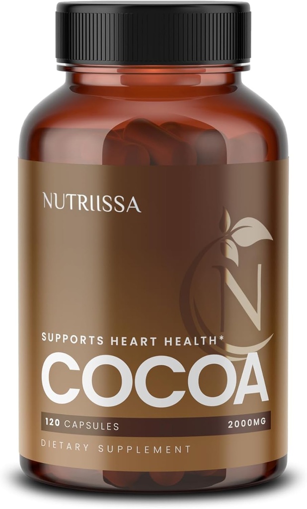 Nutriissa Cacao Capsules 2000mg - Advanced Heart Health, Nitric Oxidation & Circulation Support - 500mg Cacao Flavanols per Serving - EPEB Certified for Purity & Potency - Vegan, 120 Capsules, 40 Servings