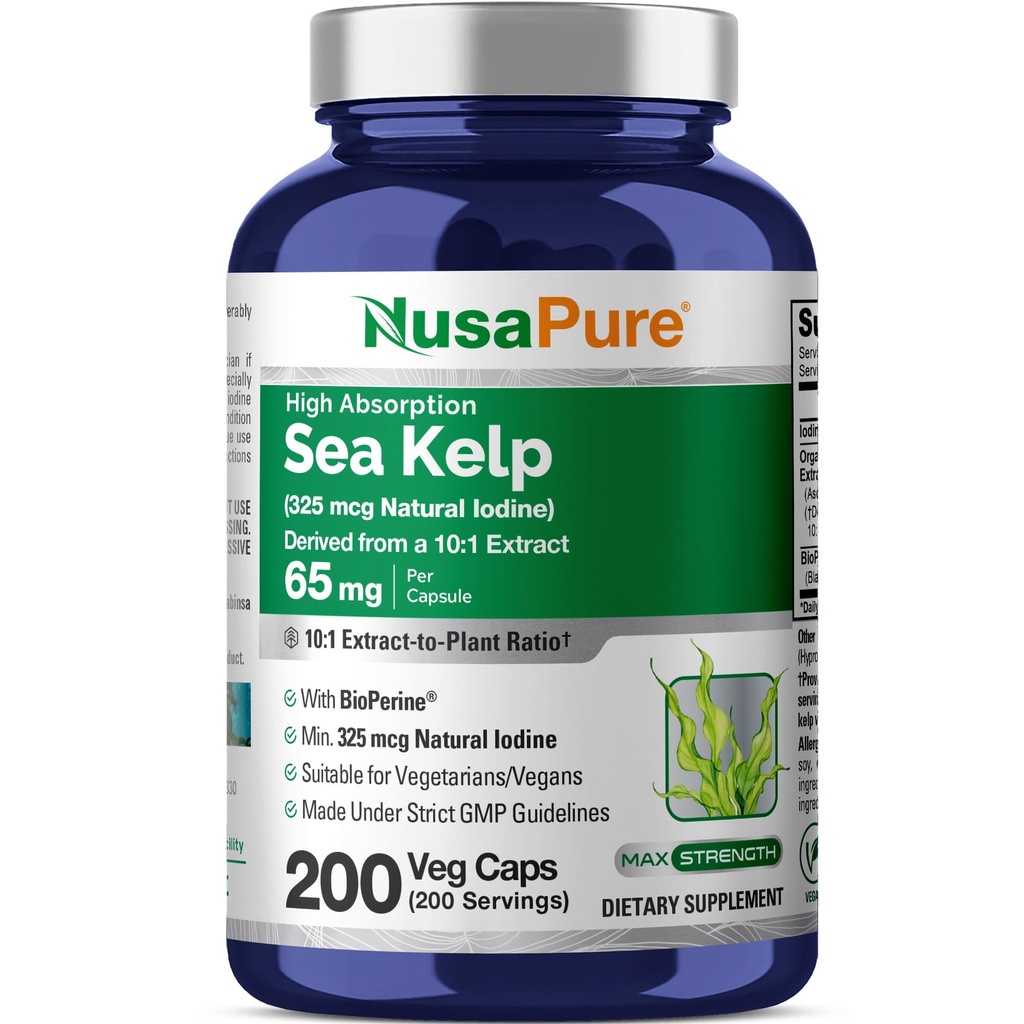 NusaPure Sea Kelp Natural Iodine 325mcg 10:1 Extract, 65 mg Equivalent aan 650 mg Capsule 200 Telling (Non-GMO, Vegan)