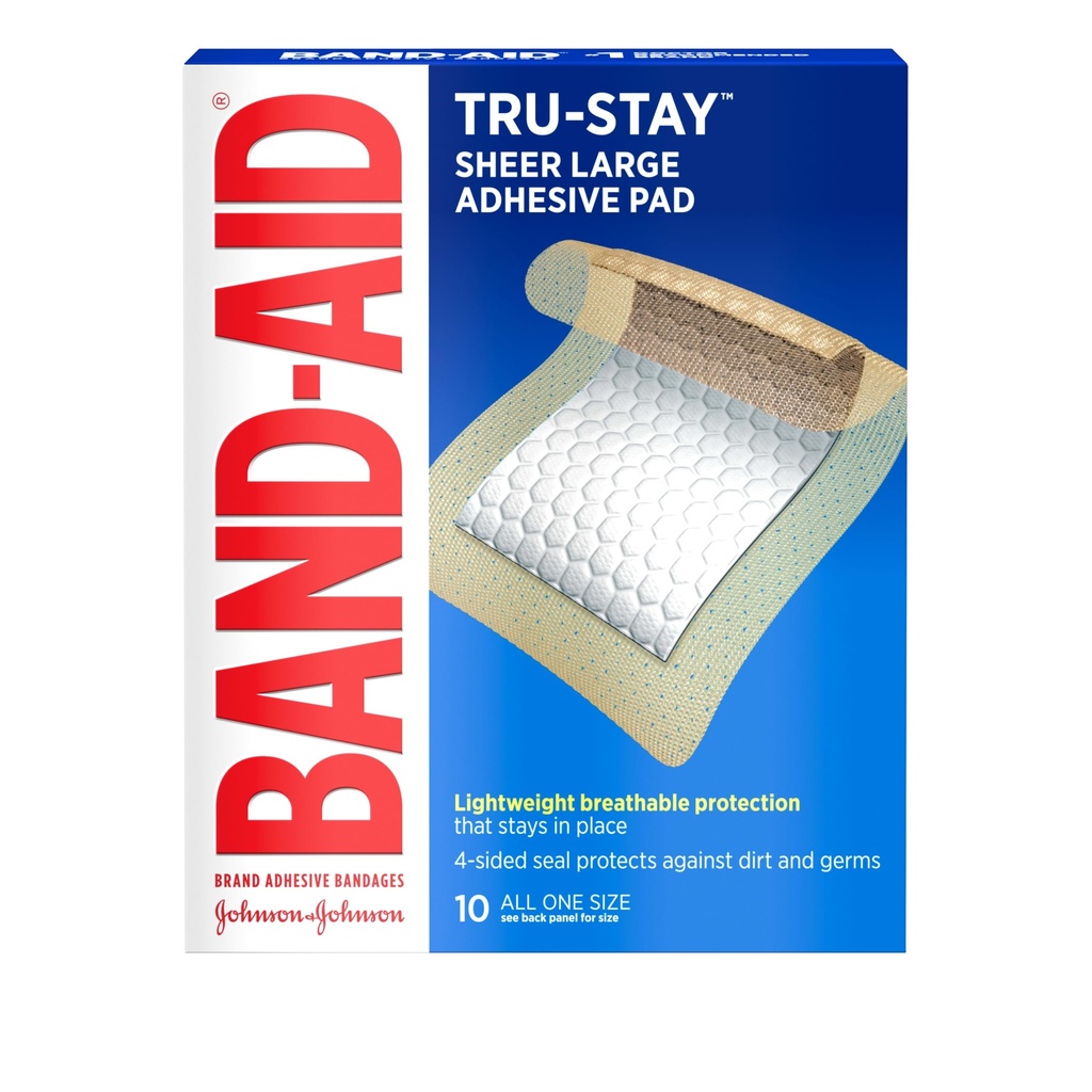 Band-Aid merk Tru-Stay kleefkussens, Steriele Sheer Bandages voor EHBO & Wound Care, Pad covers en beschermt kleine sneden, Scrapes & Burns, lichtgewicht, grote grootte, 10 tellen