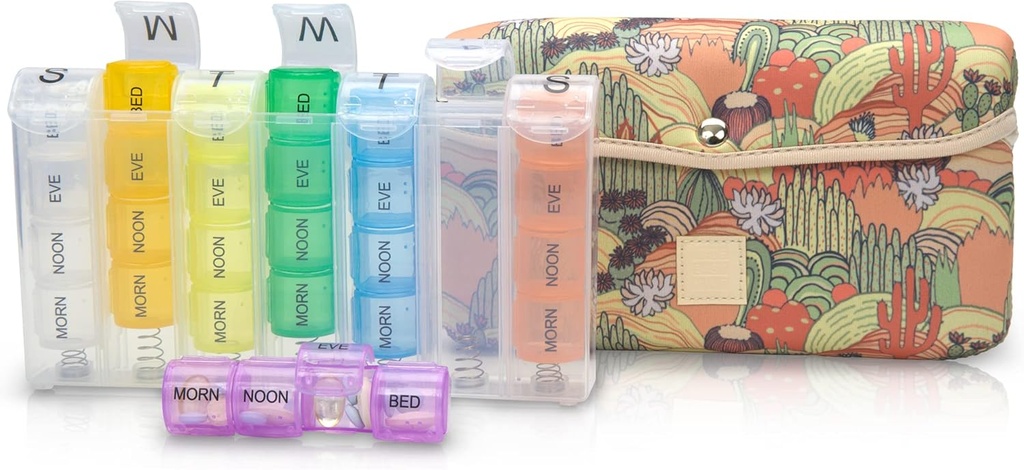 Made Easy Kit Pill Case Large 7-Day / 28 Compartments in Neoprene Carrier met opslag pil Box in dagelijks in Morn, NOON, EVE, Bed a Weekly Vitamine, Medicine, Capsule Organisatie (Khaki Desert Cactus)