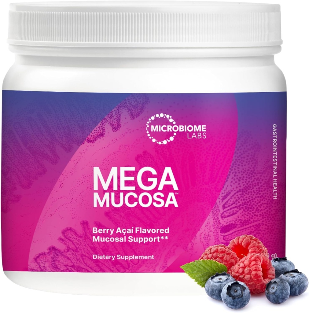 Microbiome Labs MegaMucosa Gut Health Powder - Supplément digestif avec un soutien complet de la muqueuse pour une fonction gustative et immunitaire saine - Immunoglobulines et acides aminés sans lait - Berry Acai (5,5 oz)