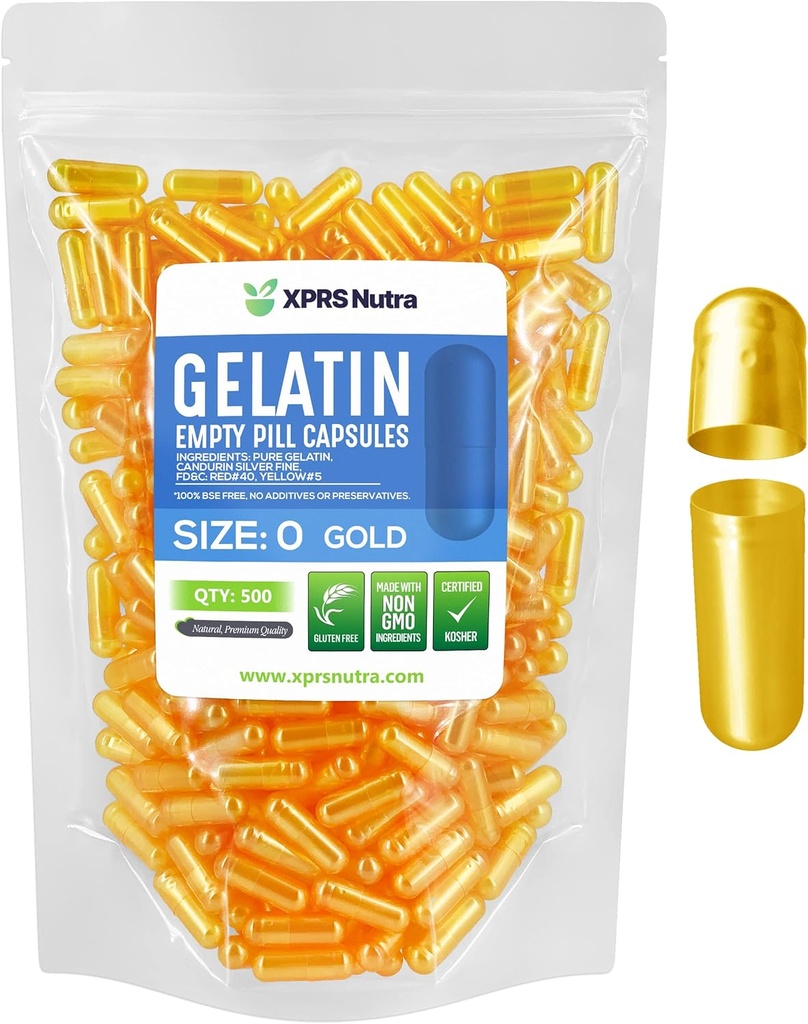 XPRS Nutra Size 0 Empty Capsules - 500 Count Empty Gelatin Capsules - Pill DIY Capsule Filling - Pure Bovine Pill Gel Caps for Do-It-Yourself Supplements (Gold)