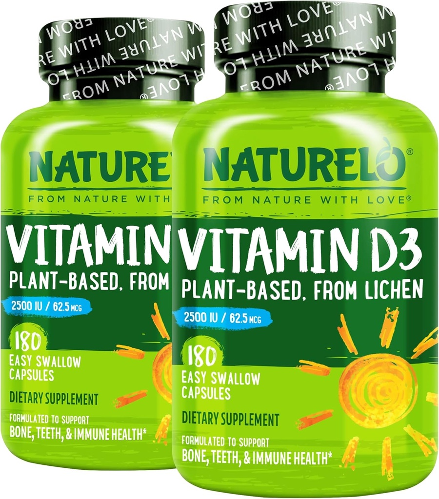 NATURELO Vitamine D - 2500 IE - Plant op basis van Lichen - Natural D3 Supplement for Immuun System, Bone Support, Joint Health - Vegan - Non-GMO - Glutenvrij - 180 Capsules (pack of 2)