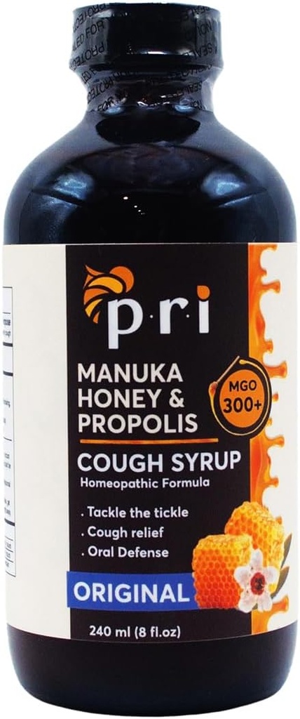 P.R.I Natural Dry Cough Syrup met Manuka Honing, Propolis, Tea Tree Oil en Vitamine C - Sore Throat & Immune Support, Original Flavor, 8oz
