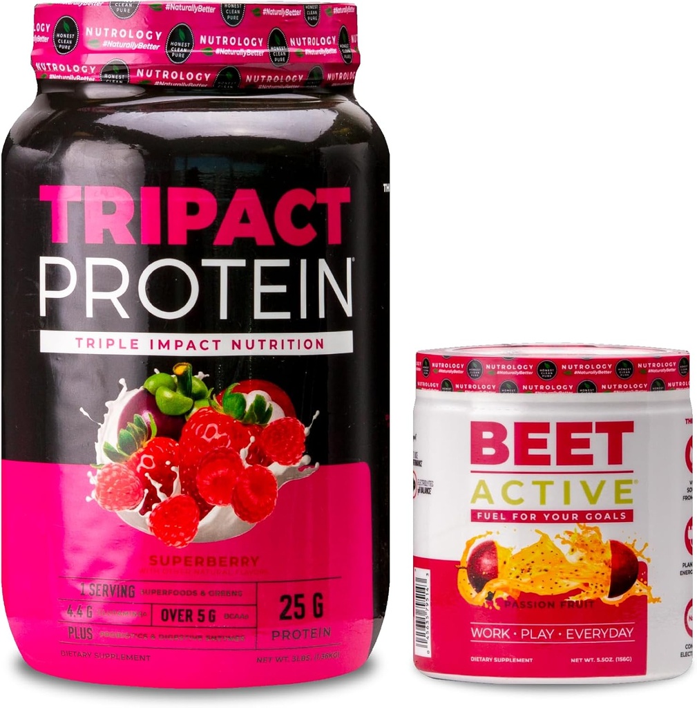 Nutriologie TRIPACT Poudre de protéines, 7-en-1 Remplacement des repas Shake, Superberry (40 portions) Abeille active, poudre naturelle pré-ouvrée, saveur de fruits de la passion (30 portions)