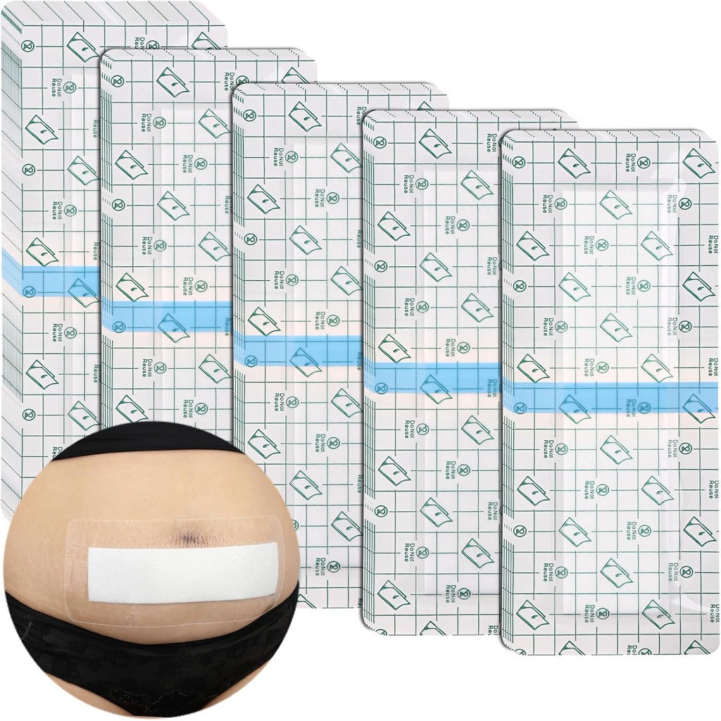 C-Section Imperméable Incision abdominale Bandages Post Hystérectomie Tummy Tuck Douche Protecteur Couverture de cicatrice avec Pad protecteur Patches Island Dressing Tapes Large Wound Care Supplies 4x10 Pack de 25
