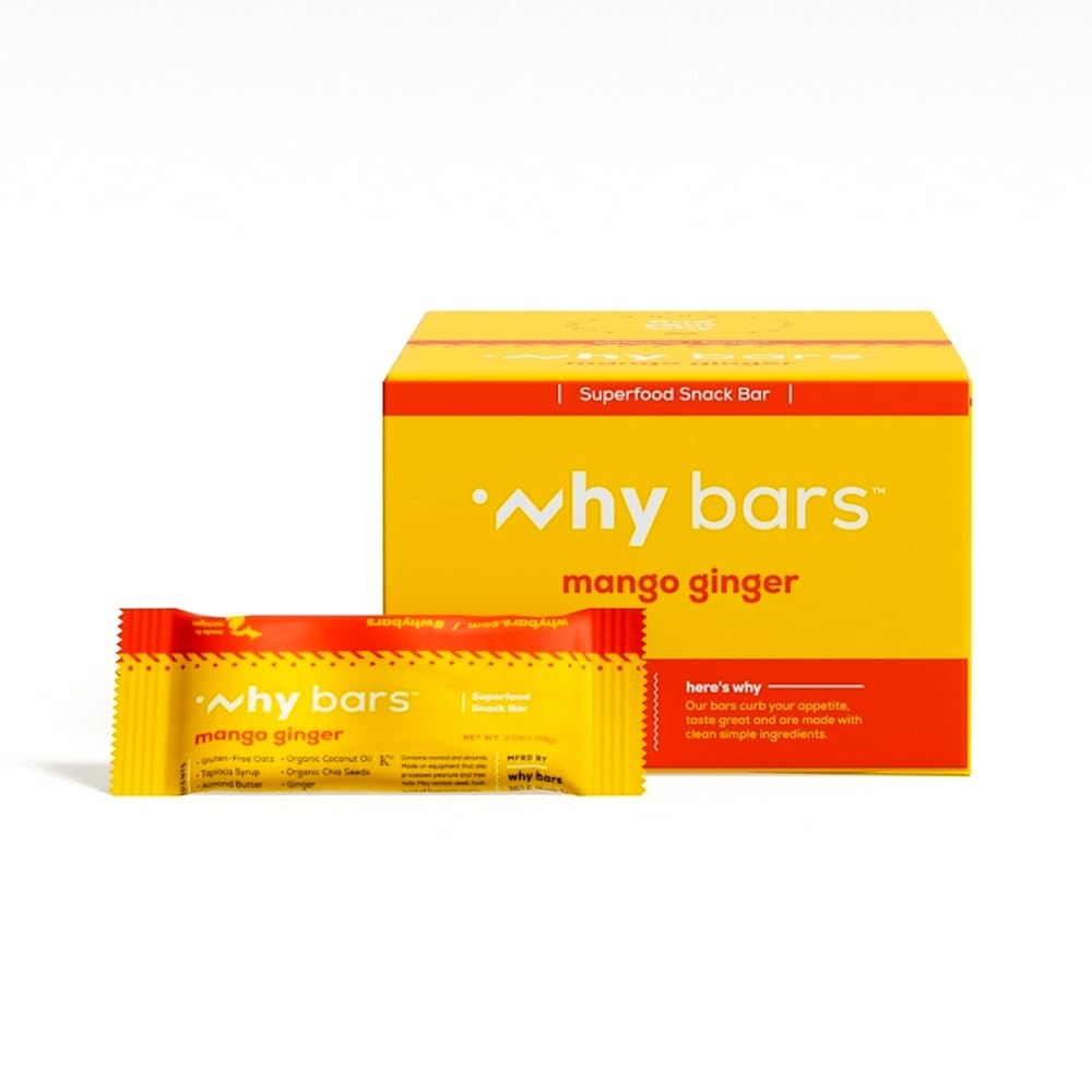 Pourquoi barres, barres protéiques, gingembre de mangue, 2.04 Bars d'once (paquet de 12 barres protéiques) - Superaliment de la barre protéinée, sans gluten, sans OGM, biologique, végétalien, ingrédients simples