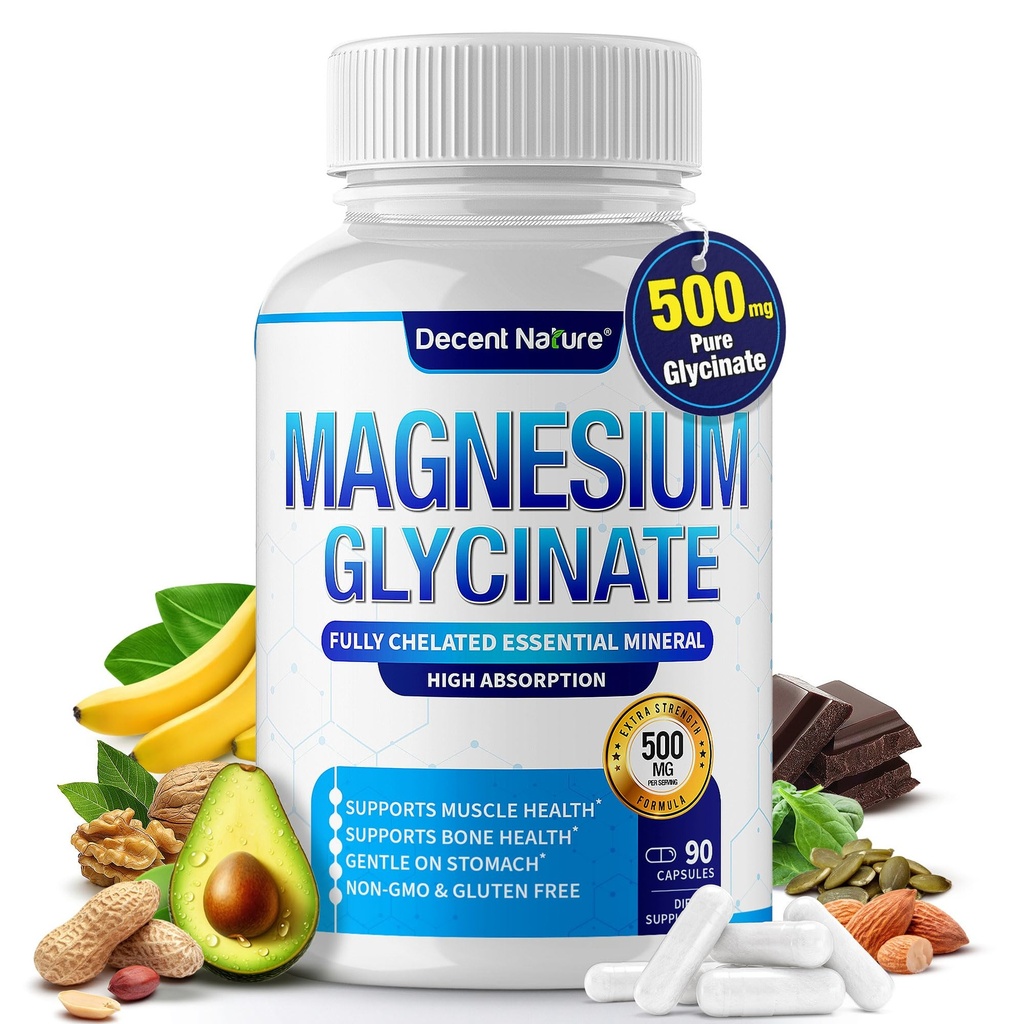 Magnesium Glycinate 500mg Magnesium Supplement - Gecheld voor hoge absorptie en biologische beschikbaarheid Ondersteuning Slaap, spier, botten, krampen, herstel en energie, Vegan Non-GMO 90 Capsules
