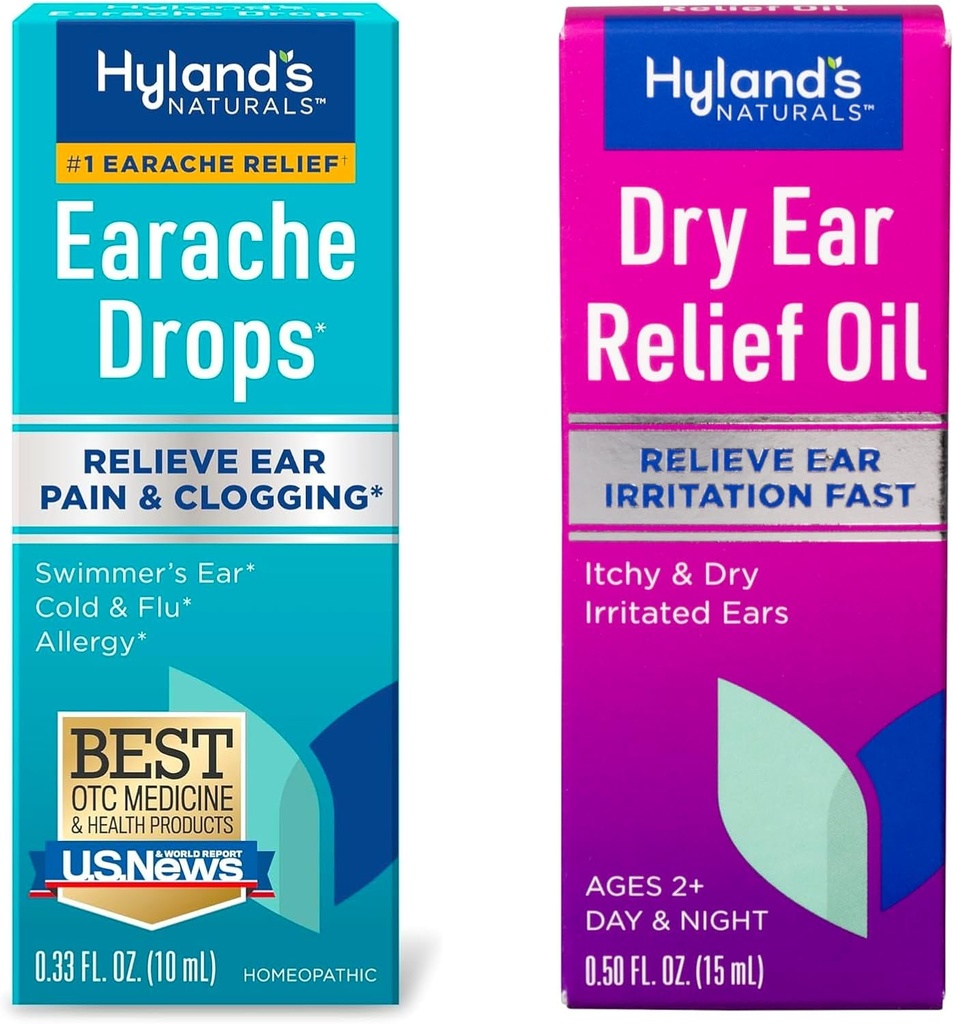 Bundle of Hyland's Earache Drops 0,33 Fl Oz and Dry Ear Relief Oil, Relieve Ear Irritation Snel, voor jeukende en droge geïrriteerde oren, leeftijden 2 en hoger, dag en nacht druppels, 0,5 Ounce