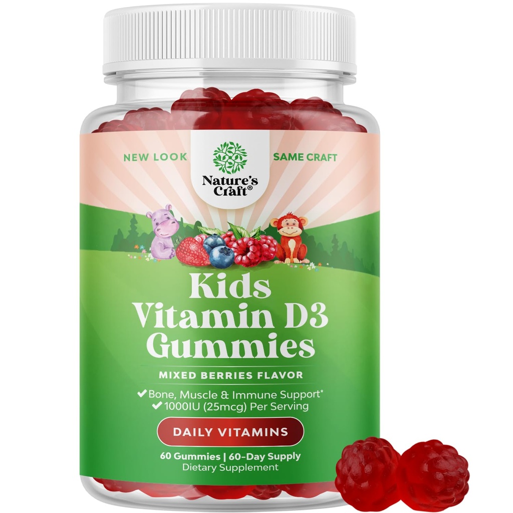 Gommies de vitamine D à croquer pour les enfants - Delicious Vitamine D 1000 UI par portion - Gommies de soutien immunitaire pour tout-petits - Berries Supplément aromatisé pour os santé et muscles - Sans gélatine - 60 Chews