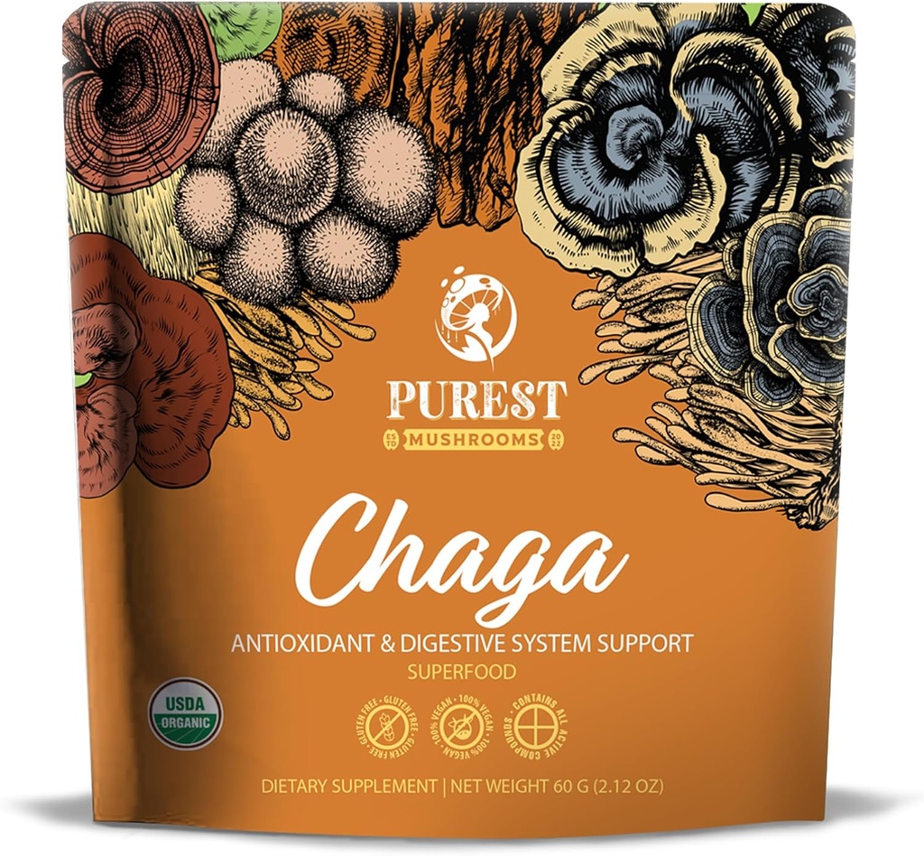 Poudre d'extrait de champignons de Chaga - Extrait de champignons de Chaga biologique pour la digestion, l'énergie naturelle et le soutien immunitaire - Supplément naturel pour le bien-être global 60g