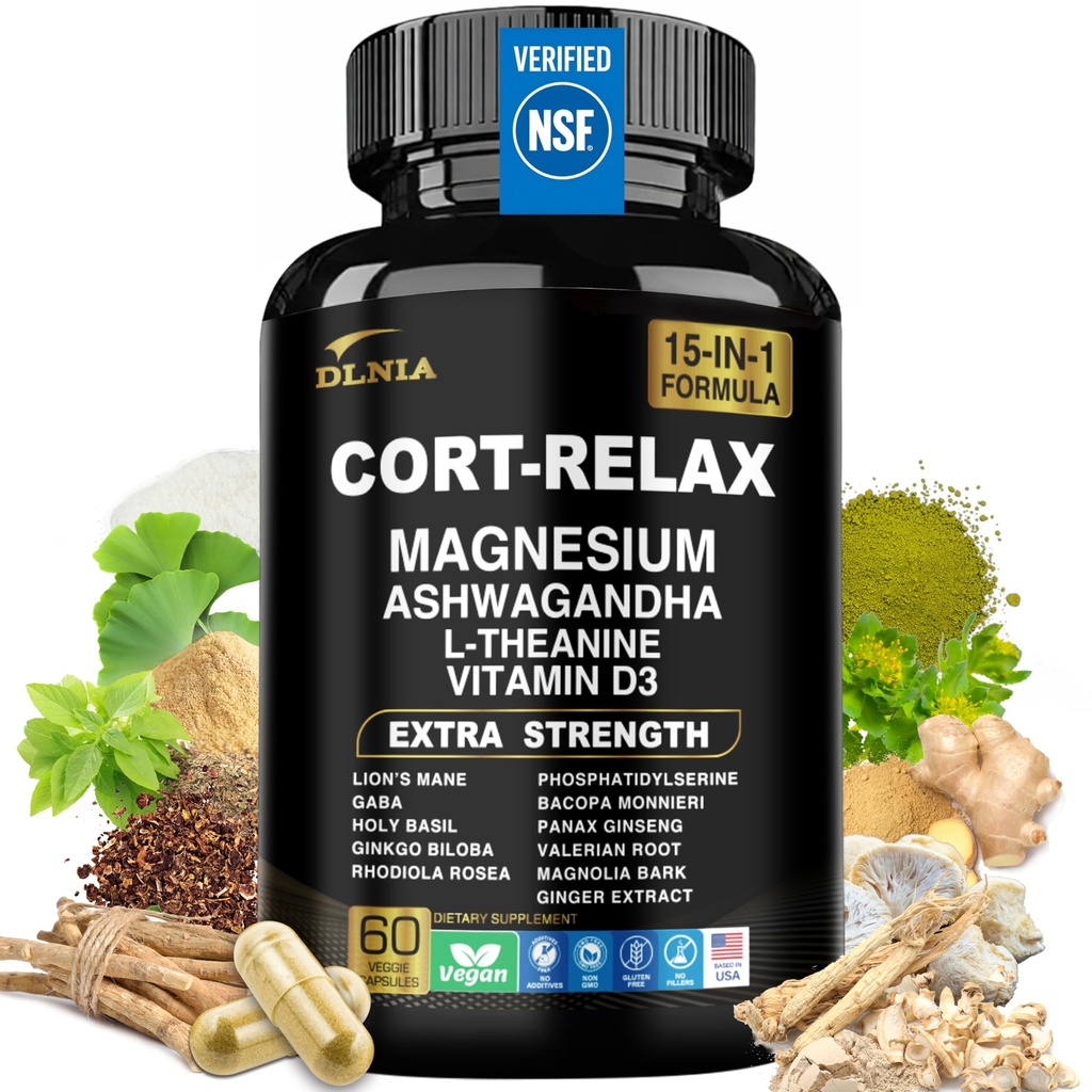 Super Calm Cortisol Supplement met Magnesium Glycinate, Ashwagandha KSM-66, L-Theanine, Fosfatidylserine, Ginkgo Biloba & Lions Mane voor Kalmte, Focus, Geestelijke Helderheid, Ontspanning, Slaap, Energie