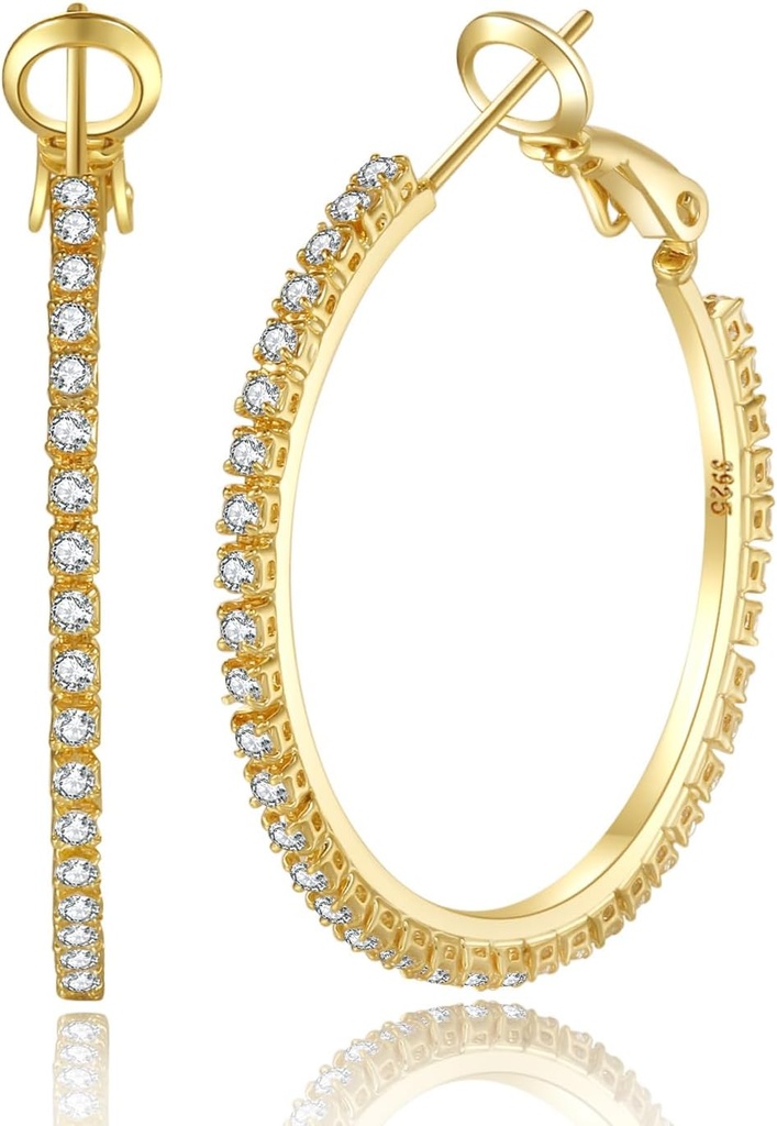PABBEU 2mm 925 Sterling zilveren oorbellen Grote Sterling zilveren hoepel oorbellen voor vrouwen Grote Rhinestone Hoop Oorbellen Dunne Hypoallergeen Cubic Zirconia Oorbellen voor vrouwen 30/40/50/60/70mm