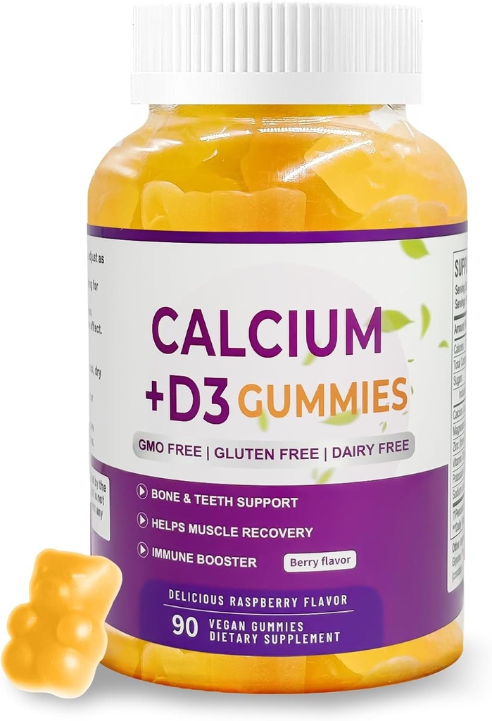 Calcium Magnesium Zink Supplement Gummies D3-90 tabletten per fles (Calcium 500mg - Magnesium 200mg - Zink 10mg - Plus Vitamine - Per portie van 2 tabletten) Vegan Berry smaak