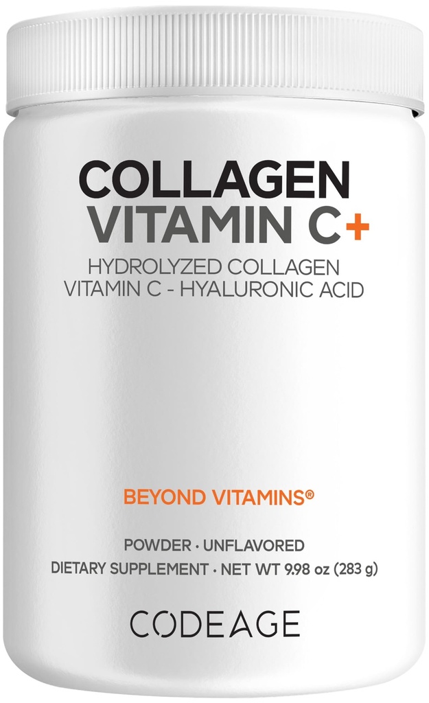 Codeage Collageen Peptides Powder + Vitamin C - 20g Grass-Fed Collageen Per Serving - Digestieve Enzymen, Hyaluronzuur, 18 Aminozuren - Gehydrolyseerde Collageen Proteïne - Niet GMO, Ongearomatiseerd - 9,98 oz