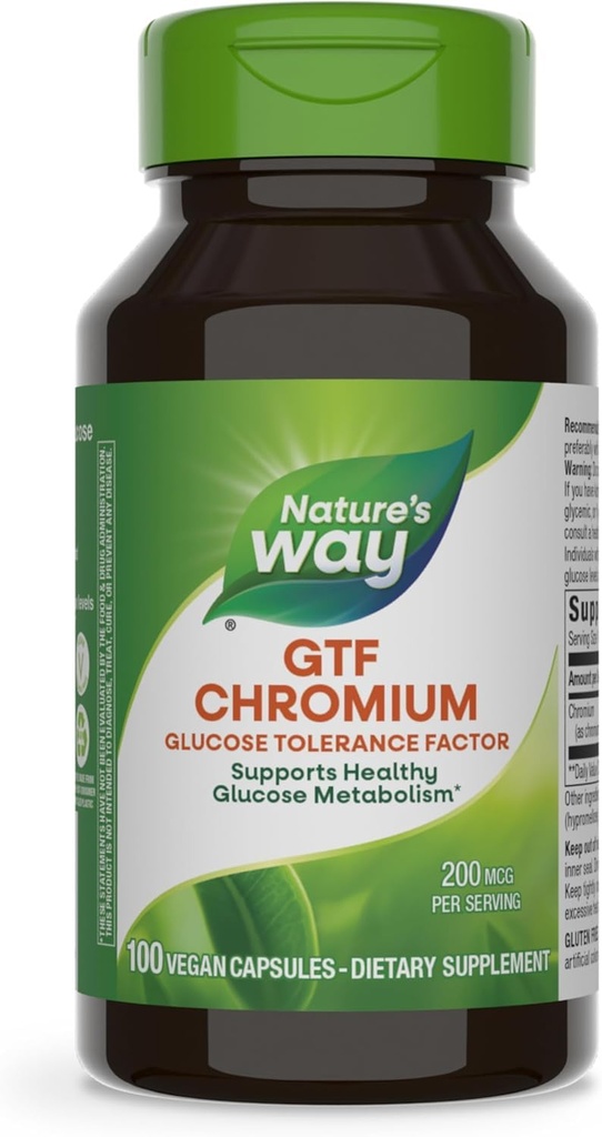 Nature's Way GTF Chroom, Glucose Tolerantie Factor, Ondersteunt Gezond Glucose Metabolisme*, 200 mcg Chroom per Serving, 100 Vegan Capsules (Verpakking mei Vary)