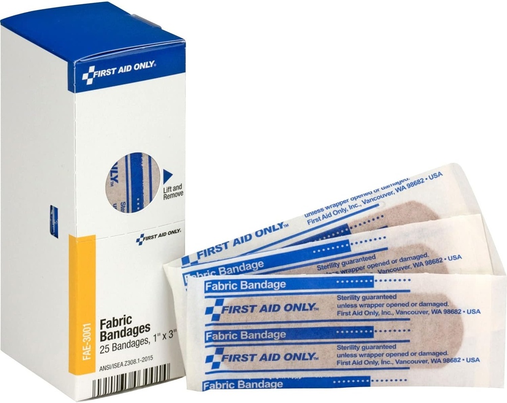 Premiers soins seulement SmartCompliance Recharge 1" x 3" bandes de tissu, 25 par boîte