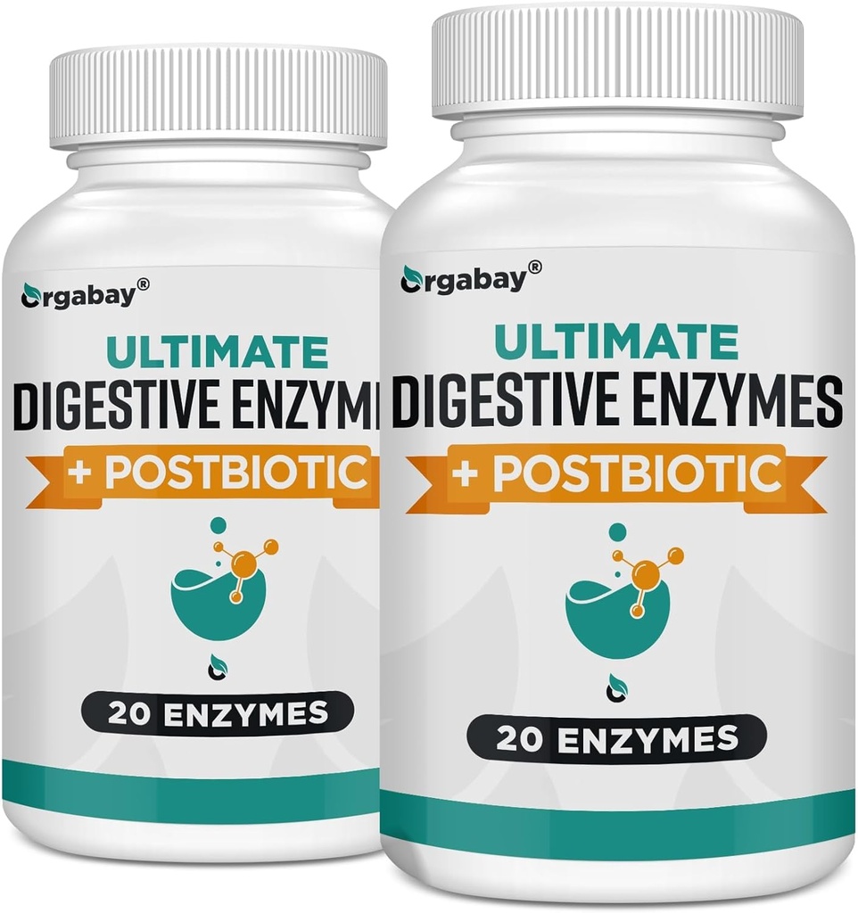 Orgabay Digestive Enzymes 1000mg with Postbiotics, 20 Enzyme Blend for Bloating, Optimal Digestion and Gut Function, 120 Veggie Capsules