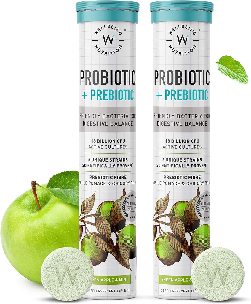 WELLBEING NUTRITION Daily Probiotic + Prebiotics Basé sur une plante de 18 milliards de CFU, 6 souches pour les hommes et les femmes avec fibre prébiotique biologique pour la digestion, la santé de la gueule, le métabolisme