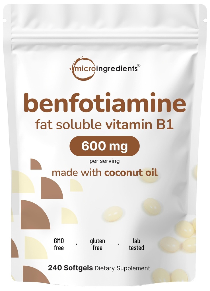 Micro Ingrediënten Vitamine B1 Benfotiamine 600mg per portie, 240 Kokosolie Softgels 