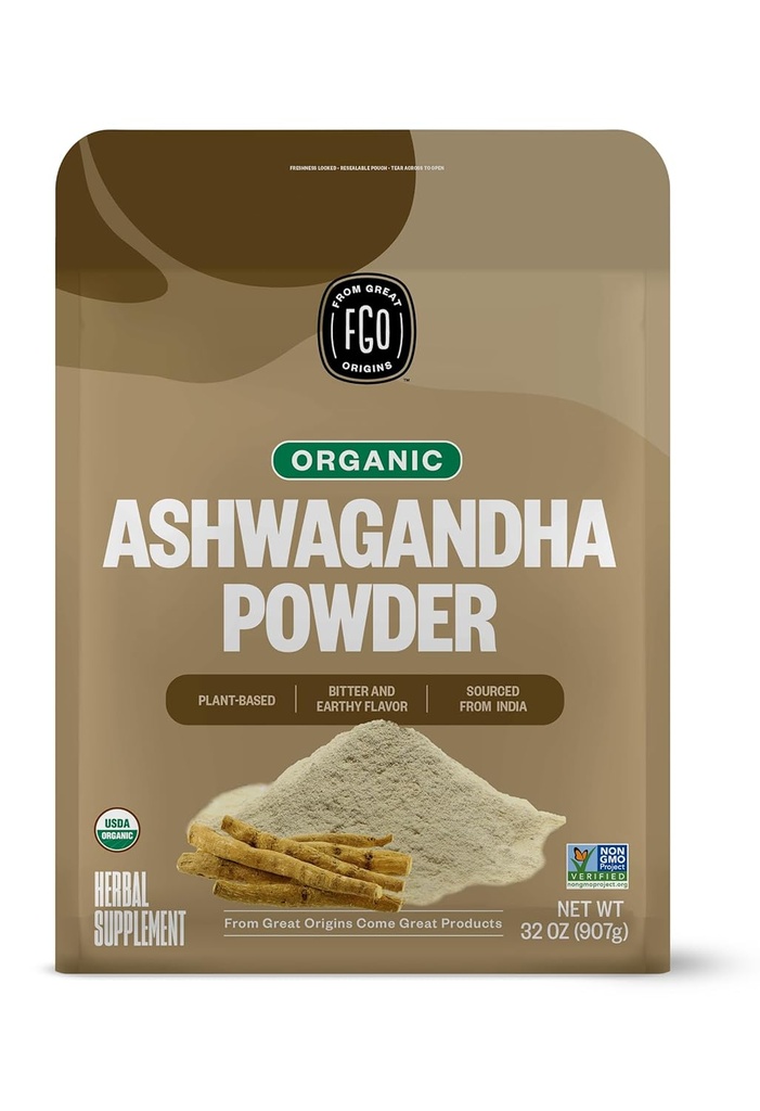 FGO Organic Ashwagandha Root Powder, 32oz Hersluitbare Bulk Bag, Non-GMO, Indian Ginseng, Withania Somnifera, Brond from India (Pack of 1)