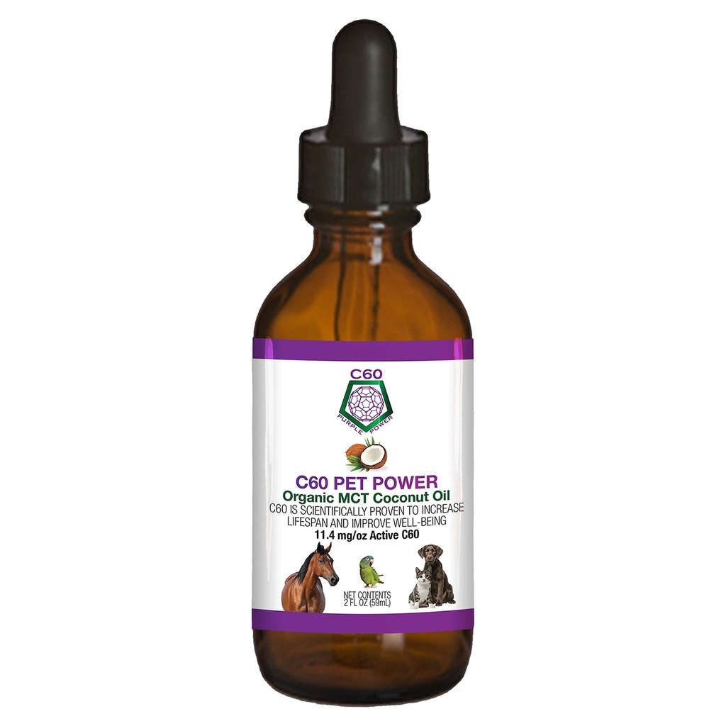 C60 Power for Pets - C60 in Organic MCT Coconut Oil, Natural Wellness Support for Dogs & Cats, Pure Carbon Fullerenes, Promoot gezonde veroudering, Energie, & Mobility - 2 floz Fles