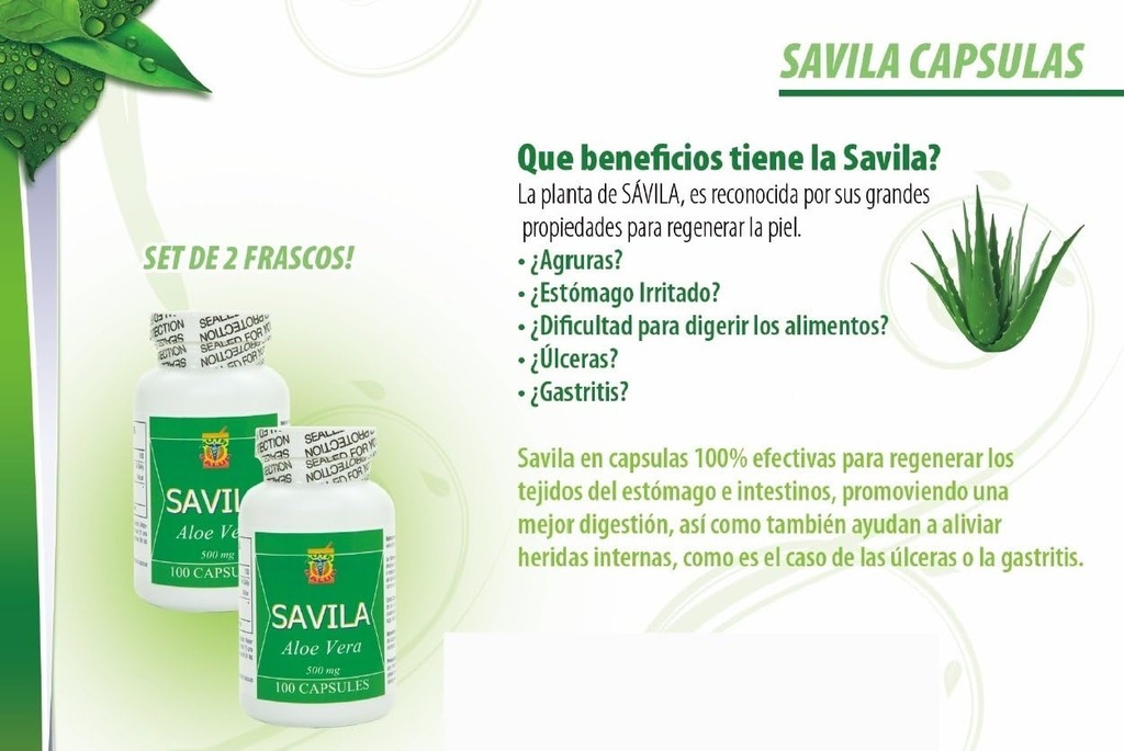 Nutrisalud Producten Capsulas de Savila, Aloë Vera Capsules 500mg. Set de 2 frascos 100 capsulas CADA uno.Efectivo Contra ulceras,agruras,mala Digestie, Colitis, estreñimiento. Dura mas de 3 Meses.