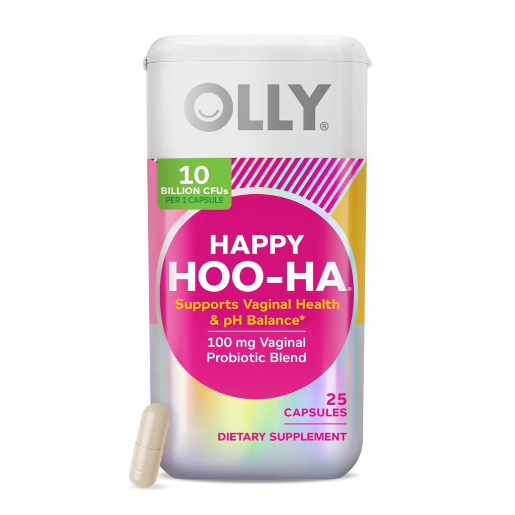 OLLY Happy Hoo-Ha Capsules, Probiotica voor vrouwen of mensen met Vagina's, Vaginale Gezondheid en pH-balans,* 10 miljard CFU, Glutenvrij - 25 Tel.