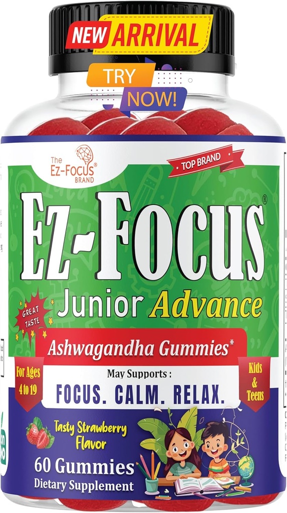Junior Ashwagandha Gummies for Kids & Teens | Calm, Focus & Relax Support | Vegan, Non-GMO, Low Sugar Strawberry Flavor Supplement | 60 Gummies