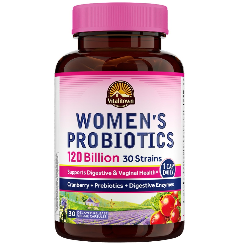 Vitalitown Probiotica voor vrouwen 120 Miljard CFUs, 30 Strains, met Prebiotica & Digestieve Enzymen & Cranberry, Gut & Vaginale Gezondheid, Vegan 30 Delayed Release Caps