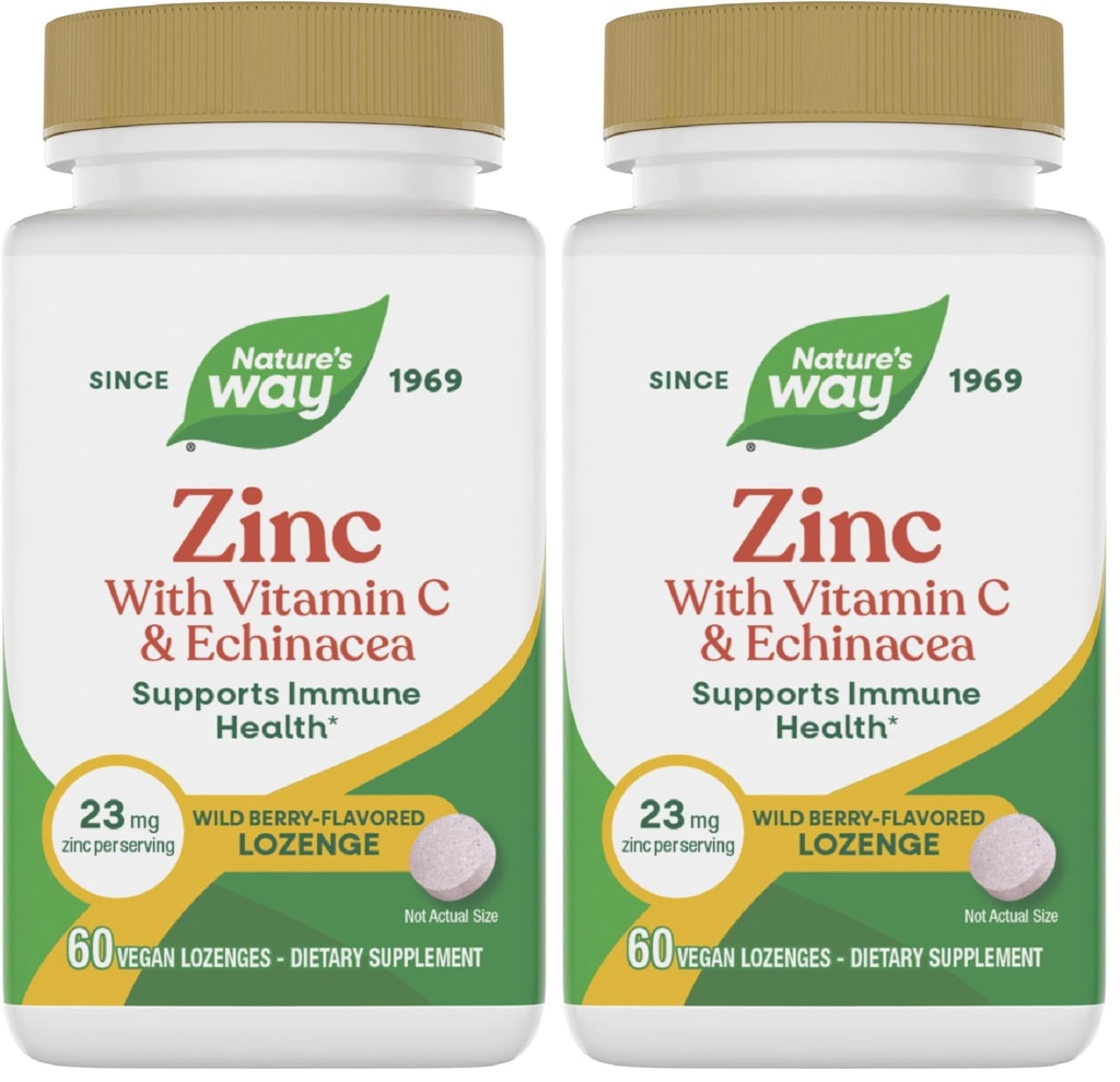 Nature's Way Zink Lozenges met vitamine C & Echinacea, Immune Support*, Wild Berry Flavored, 60 Lozen (pakket van 2)