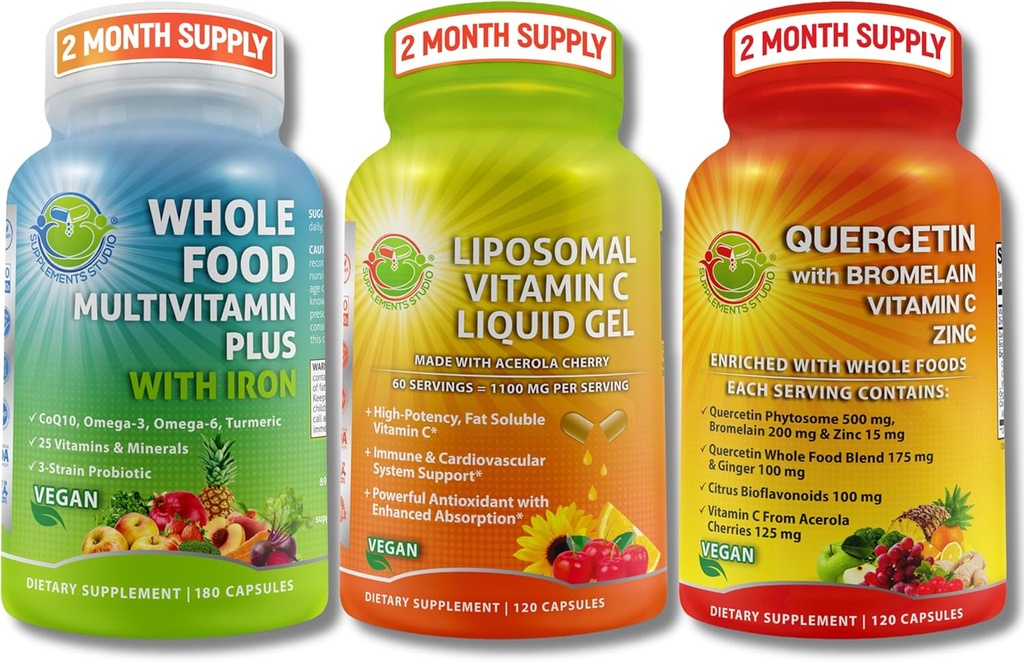 Immune, énergie et prise en charge complète multi-systèmes Trio - Vitamine liposomique C 1100mg Gel liquide + Quercetine avec Bromelain, Zinc et Vitamine C + Multivitamine quotidienne avec fer – Non-OGM, Étiquette propre