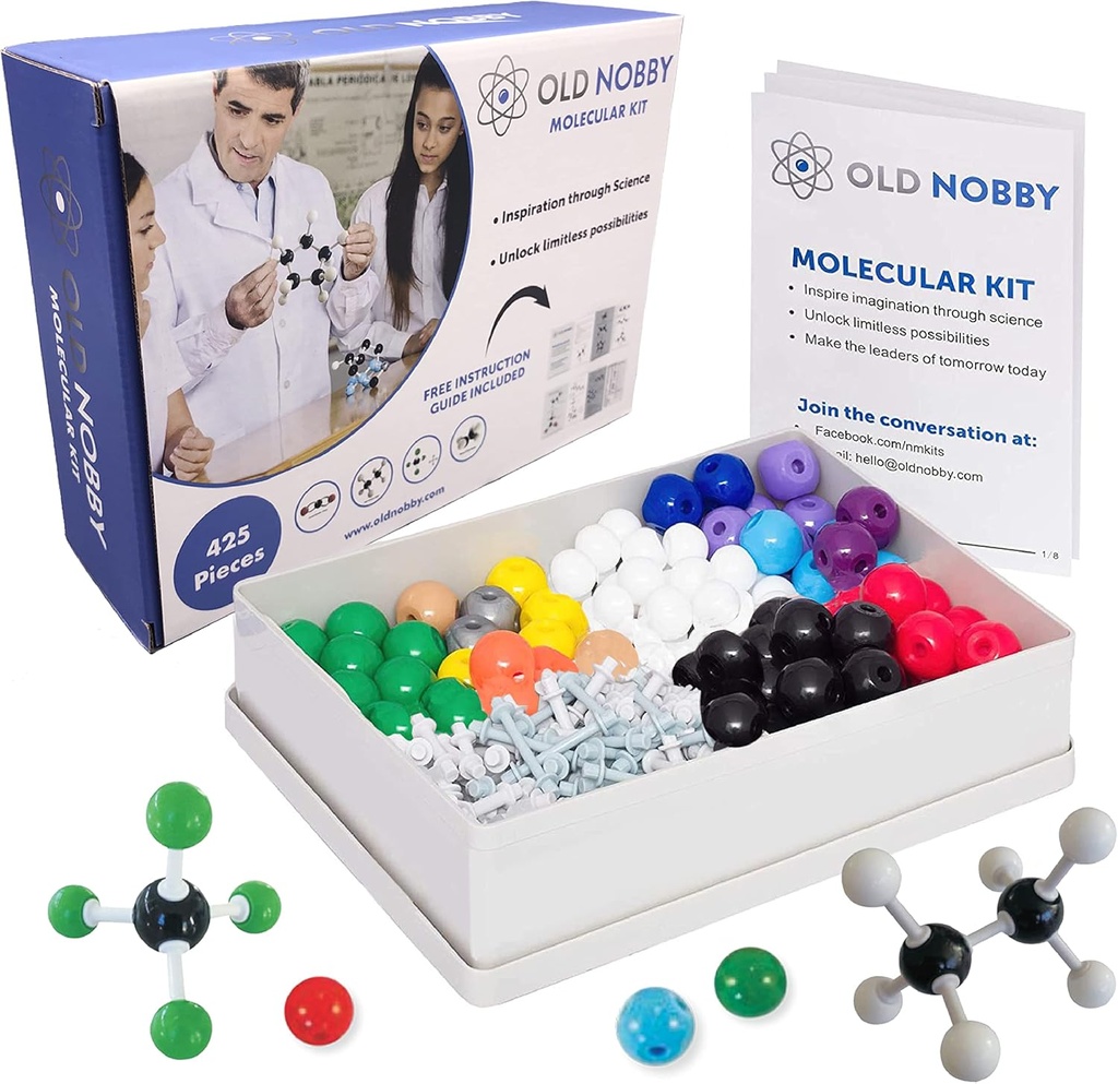 Old Nobby Organic Chemistry Set (425 pc) Molecular Model Kit met Atoms, Bonds, Guide, Bond Removal Tool - STEM Science Kits for Kids Speelgoed Chemistry Set voor studenten Leraren Jonge Wetenschappers