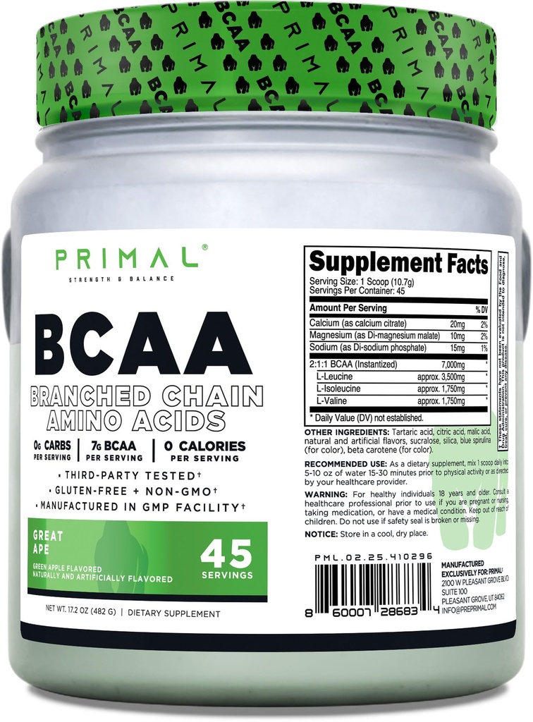 Primal BCAA Powder Great Ape (45 SERV) (Green Apple Flavored) - 0 g Carbs, 0 Calorieën, 7g BCAA Per Serving