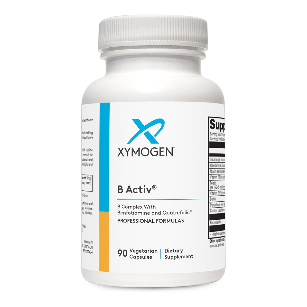 XYMOGEN B Activ Vitamin B Complex with Benfotiamine, Methylfolaat, Biotine, Vitamine B6 & B12 (Methylcobalamine b12) - Energy Supplements for Adrenal & Mood Support (90 capsules)