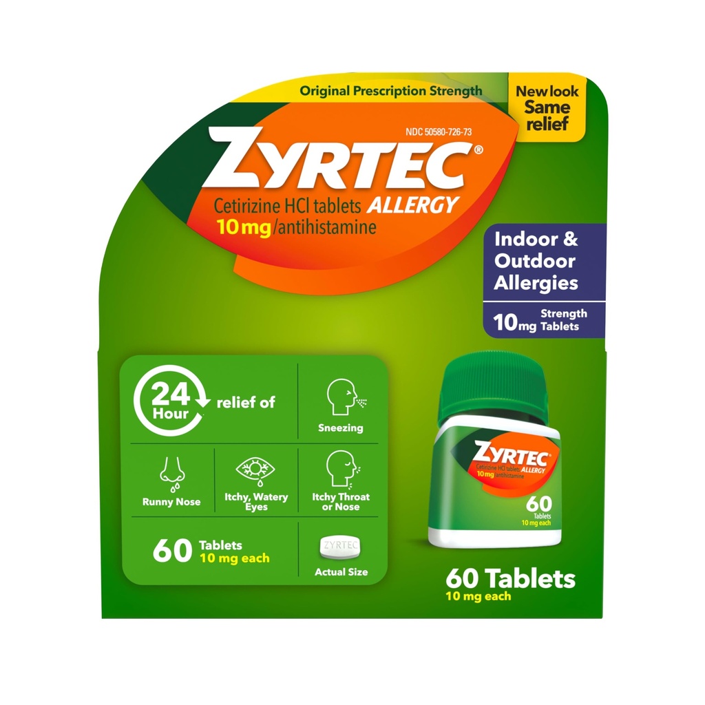 Zyrtec 24-uurs Allergie Relief Tablets, Indoor & Outdoor Allergie Medicine with 10 mg Cetirizine HCl per Antihistamine Tablet, Relief of Allergies, 60 count.