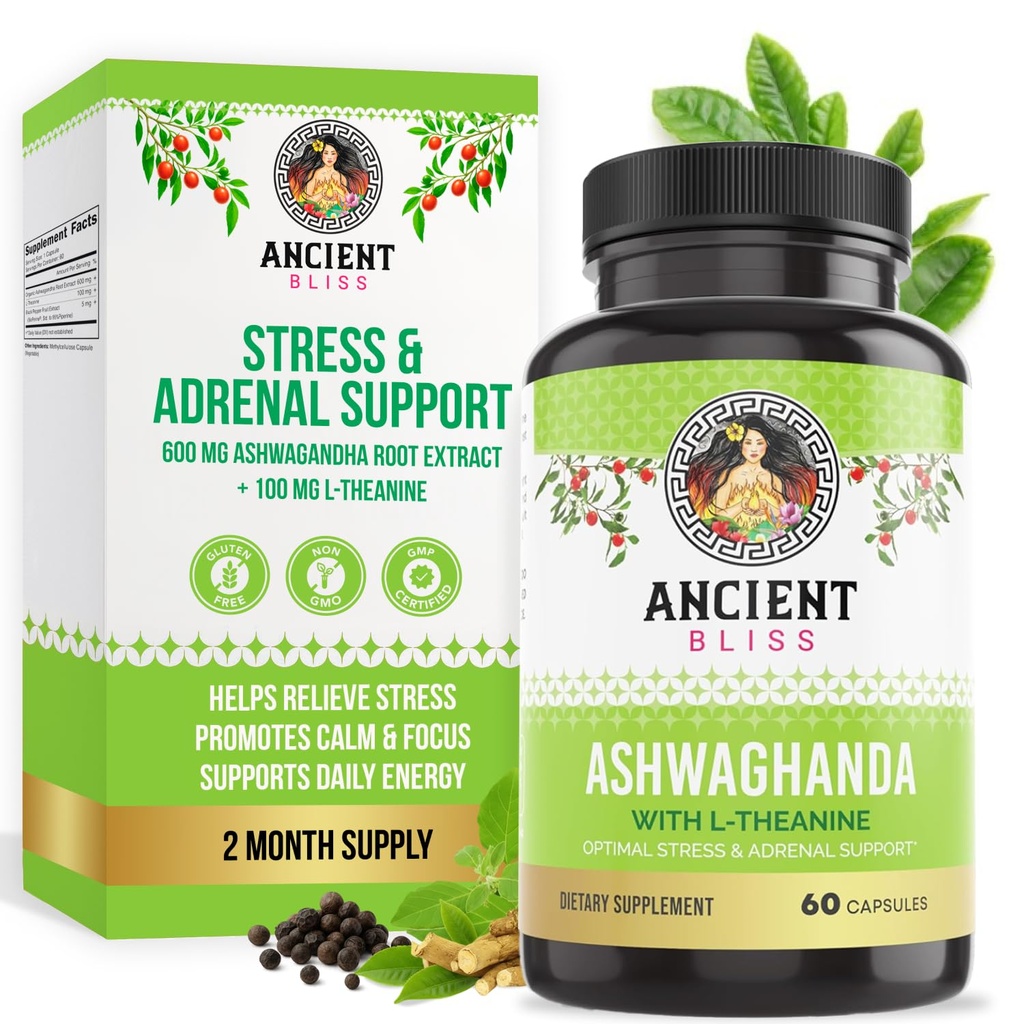 Ancient Bliss Ashwagandha met L-Theanine & Black Pepper Extract Capsules, Energy & Natural Mood Support Supplement, Focus Supplement voor volwassenen