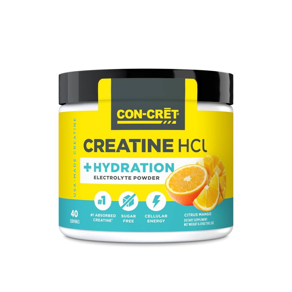 CON-CRET Creatine HCl + Hydration | Electrolyte Powder Tub | Citrus Mango | Sugar Free Electrolytes | Rehydration Formula w Potassium, Sodium, Zinc, Magnesium to Hydrate & Recover (40 serv)